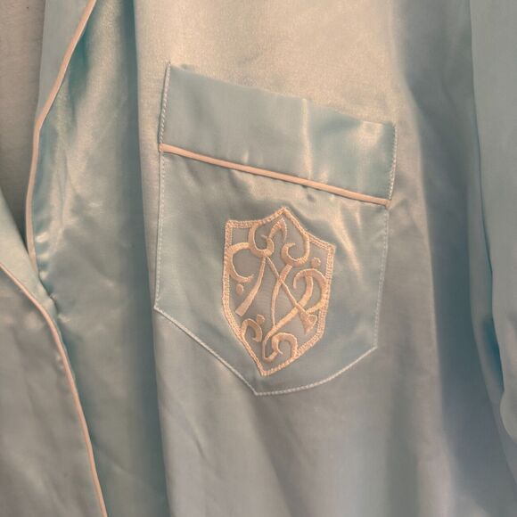 Vtg Beth Michaels Light Blue Satin Nightgown Robe Women’s Size L Monogram Crest - Picture 3 of 6
